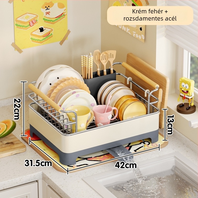 Konyhapult melletti edény-szárító állvány – 304 rozsdamentes acél + PP, Modern Minimalista Stílus