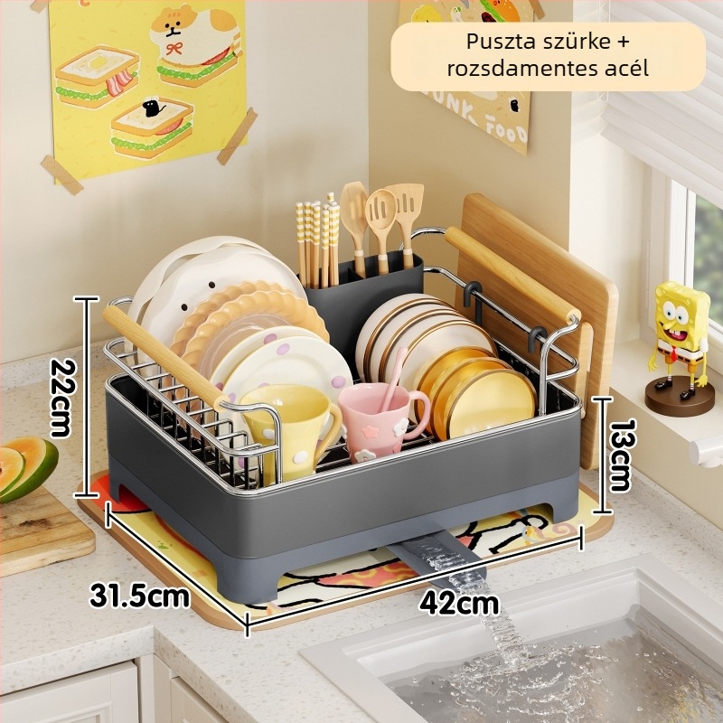 Konyhapult melletti edény-szárító állvány – 304 rozsdamentes acél + PP, Modern Minimalista Stílus