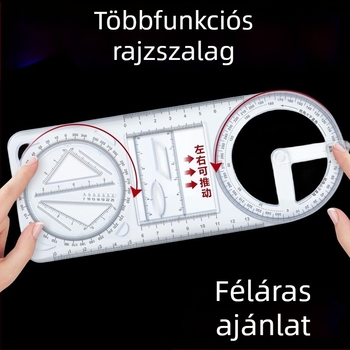 Többcélú rajzvonalzó forgó sablonnal, fém alapanyagból, diákok számára