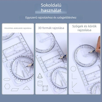 Többcélú rajzvonalzó forgó sablonnal, fém alapanyagból, diákok számára