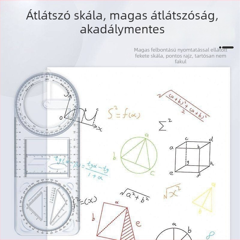 Többcélú rajzvonalzó forgó sablonnal, fém alapanyagból, diákok számára