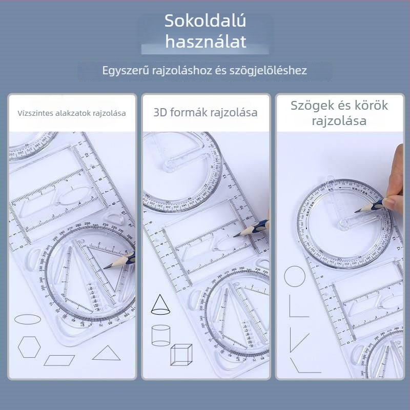 Többcélú rajzvonalzó forgó sablonnal, fém alapanyagból, diákok számára