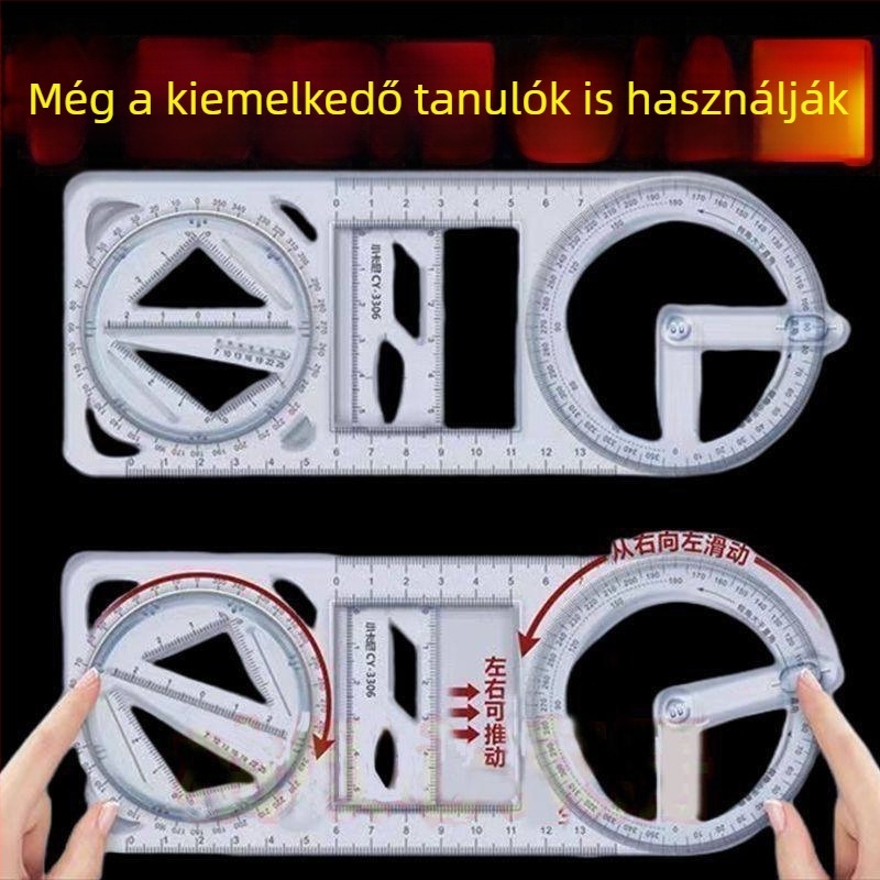 Többcélú rajzvonalzó forgó sablonnal, fém alapanyagból, diákok számára