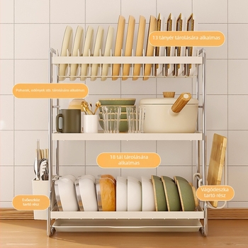 Rozsdamentes acélból készült konyhai edényállvány lefolyóval, modern minimalist stílusú tároló tálak és tányérok számára