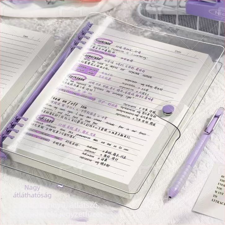 A5-ös méretű puha borítású notesz, átlátszó bőrhatású kivitel, egyszerű diákoknak, levehető oldalakkal