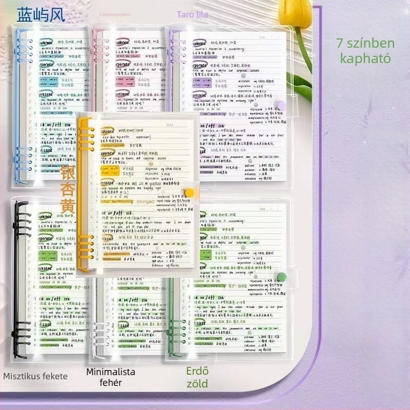 A5-ös méretű puha borítású notesz, átlátszó bőrhatású kivitel, egyszerű diákoknak, levehető oldalakkal
