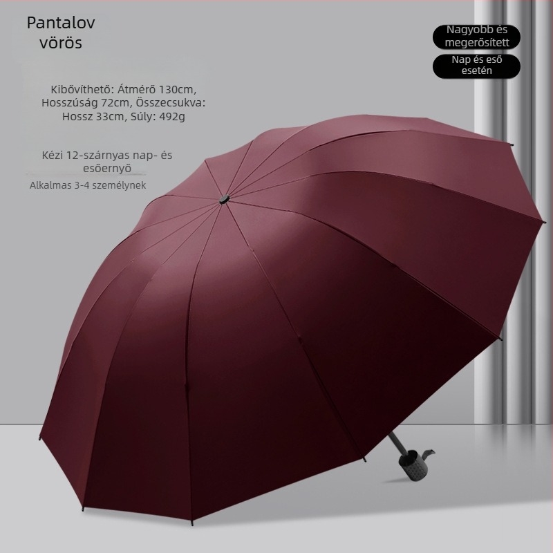 Kézi nyitású, összecsukható esernyő 12 acél bordával, UPF 40+ védelem, kettős használat napra és esőre, logó nyomtatás