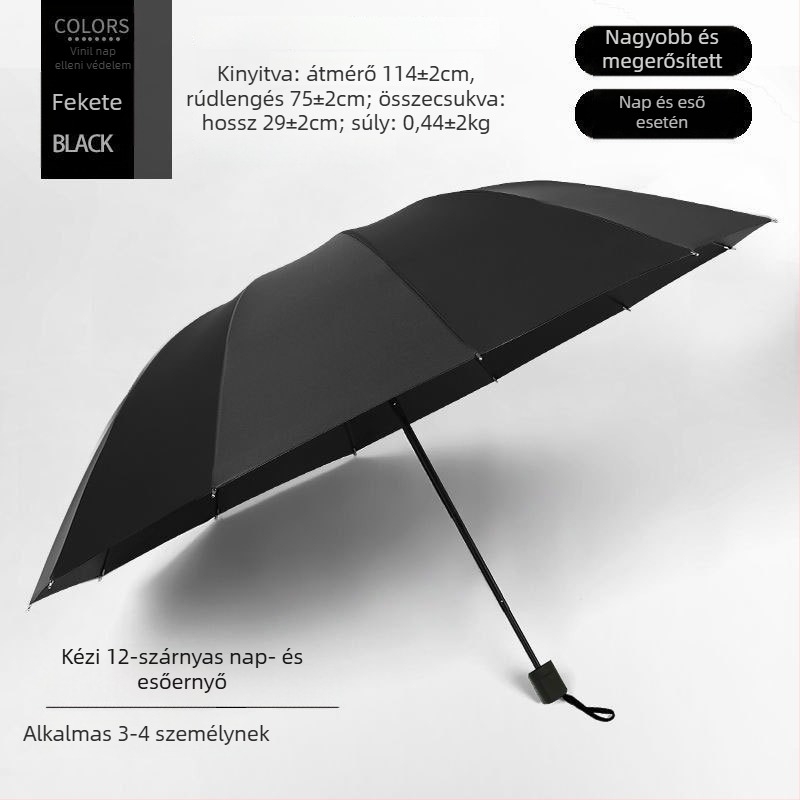 Kézi nyitású, összecsukható esernyő 12 acél bordával, UPF 40+ védelem, kettős használat napra és esőre, logó nyomtatás
