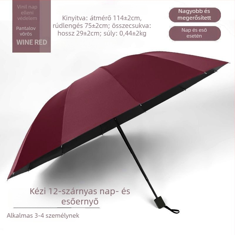 Kézi nyitású, összecsukható esernyő 12 acél bordával, UPF 40+ védelem, kettős használat napra és esőre, logó nyomtatás