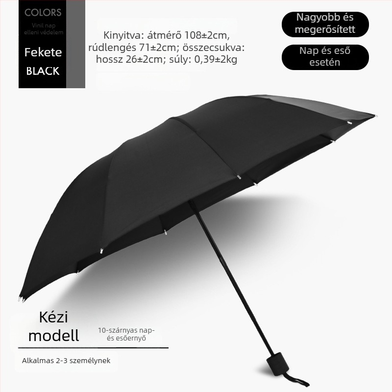 Kézi nyitású, összecsukható esernyő 12 acél bordával, UPF 40+ védelem, kettős használat napra és esőre, logó nyomtatás