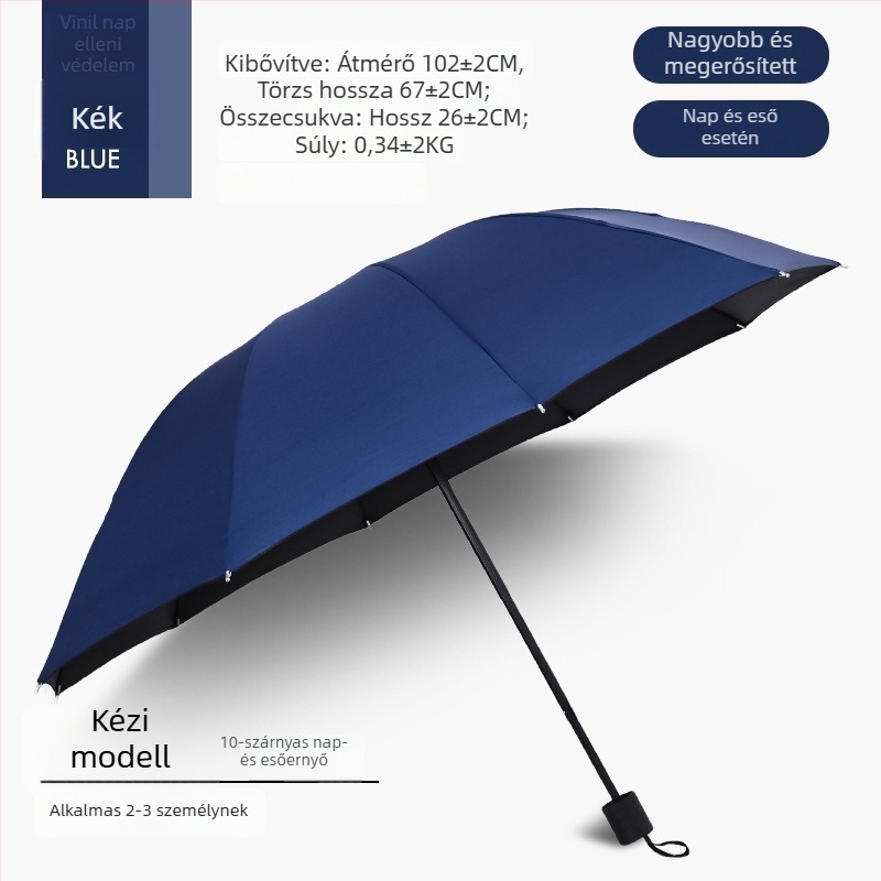 Kézi nyitású, összecsukható esernyő 12 acél bordával, UPF 40+ védelem, kettős használat napra és esőre, logó nyomtatás