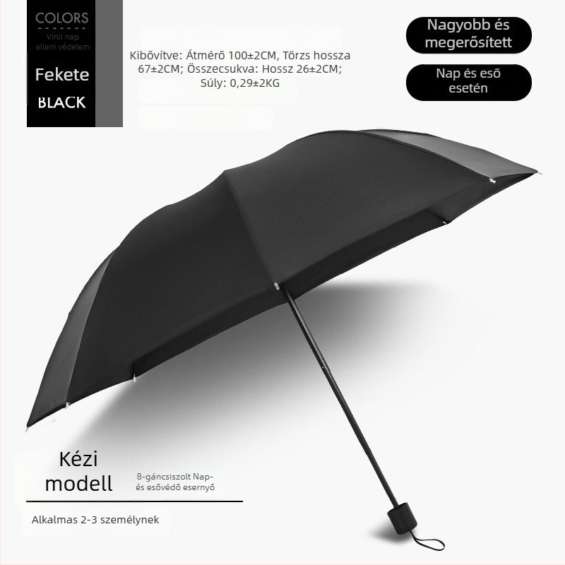 Kézi nyitású, összecsukható esernyő 12 acél bordával, UPF 40+ védelem, kettős használat napra és esőre, logó nyomtatás