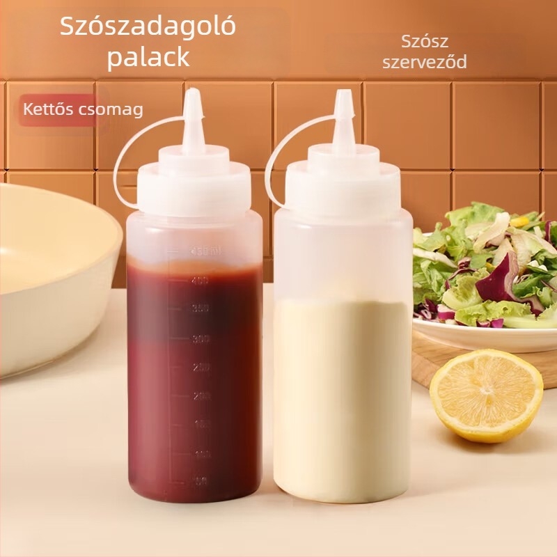 Műanyag konyhai nyomóflaska fedővel és mérőskálával ketchuphez, salátaöntethez és lekvárhoz