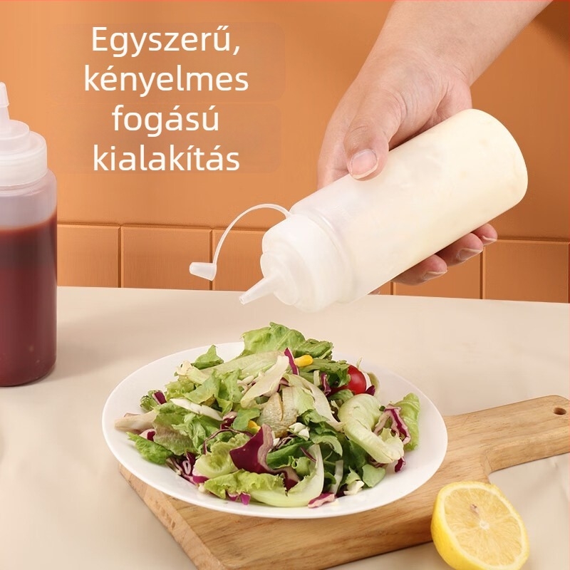 Műanyag konyhai nyomóflaska fedővel és mérőskálával ketchuphez, salátaöntethez és lekvárhoz