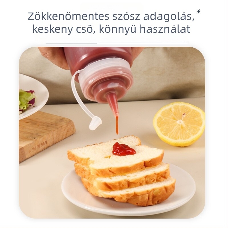 Műanyag konyhai nyomóflaska fedővel és mérőskálával ketchuphez, salátaöntethez és lekvárhoz