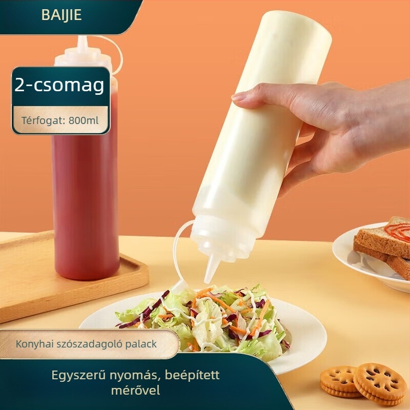 Műanyag konyhai nyomóflaska fedővel és mérőskálával ketchuphez, salátaöntethez és lekvárhoz