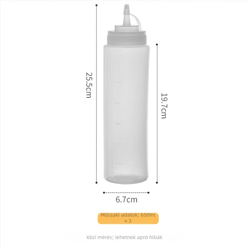 Műanyag konyhai nyomóflaska fedővel és mérőskálával ketchuphez, salátaöntethez és lekvárhoz