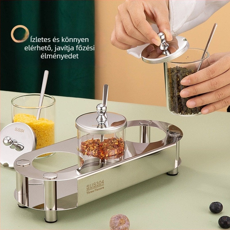 Fűszertartó készlet – zárt üveg edények szilárd fűszerekhez, Lijie márka, modern minimalistikus konyhai stílus, logó nyomtatás lehetséges