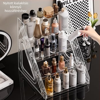 Kozmetikai kiállító állvány, átlátszó PET asztali rendező bőrápoláshoz, parfümhöz és maszkokhoz, modern minimál stílus, snap-on zár, 2025-ben debütált