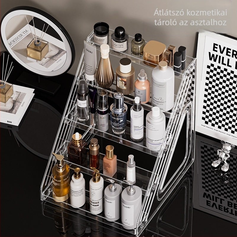 Kozmetikai kiállító állvány, átlátszó PET asztali rendező bőrápoláshoz, parfümhöz és maszkokhoz, modern minimál stílus, snap-on zár, 2025-ben debütált