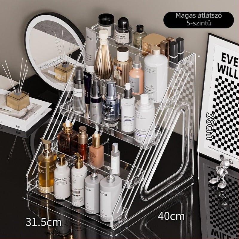 Kozmetikai kiállító állvány, átlátszó PET asztali rendező bőrápoláshoz, parfümhöz és maszkokhoz, modern minimál stílus, snap-on zár, 2025-ben debütált
