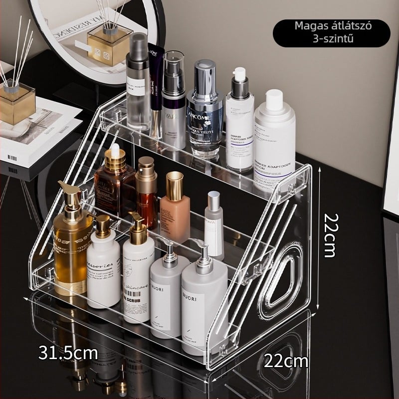 Kozmetikai kiállító állvány, átlátszó PET asztali rendező bőrápoláshoz, parfümhöz és maszkokhoz, modern minimál stílus, snap-on zár, 2025-ben debütált