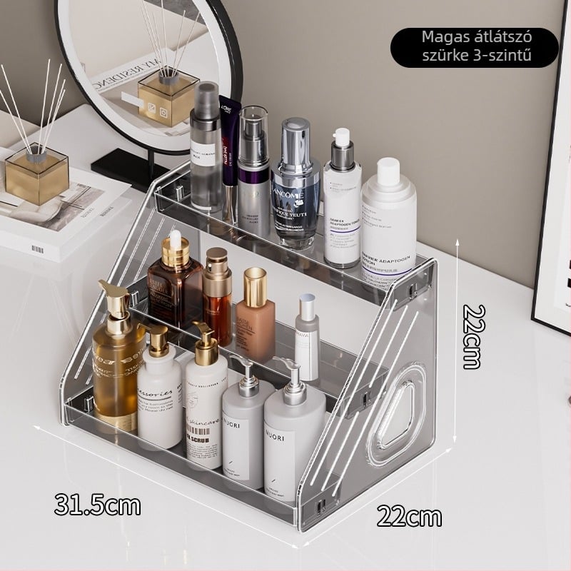 Kozmetikai kiállító állvány, átlátszó PET asztali rendező bőrápoláshoz, parfümhöz és maszkokhoz, modern minimál stílus, snap-on zár, 2025-ben debütált
