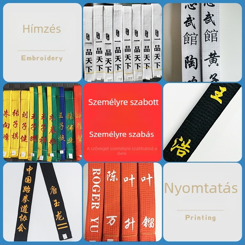 Yinsheng Taekwondo öv — selyemszálas anyag, 55% pamut, licencelt magáncímke