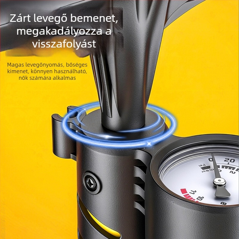 Kézi pumpa nyomásmérővel, Yellow-Black modell, vas test, 59 cm hosszú, 160 psi, szeleptípus: Beautiful mouth