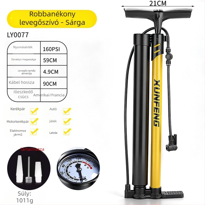Kézi pumpa nyomásmérővel, Yellow-Black modell, vas test, 59 cm hosszú, 160 psi, szeleptípus: Beautiful mouth