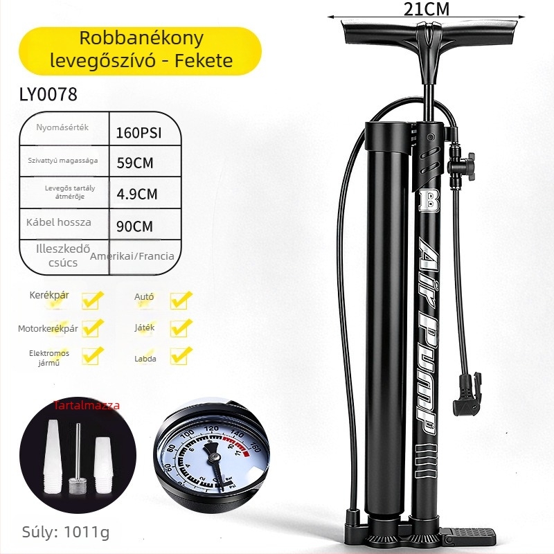 Kézi pumpa nyomásmérővel, Yellow-Black modell, vas test, 59 cm hosszú, 160 psi, szeleptípus: Beautiful mouth