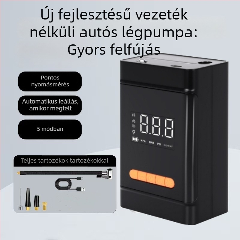 Hordozható autó levegőpumpa, vezeték nélküli, digitális kijelzővel, újratölthető 12V, 60 L/perc