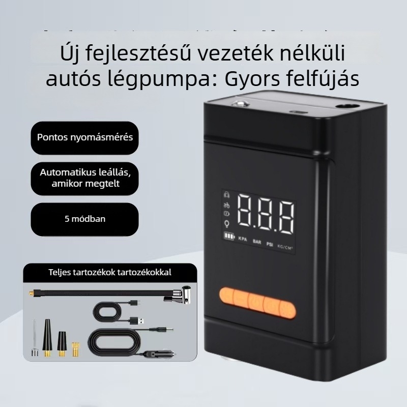 Hordozható autó levegőpumpa, vezeték nélküli, digitális kijelzővel, újratölthető 12V, 60 L/perc