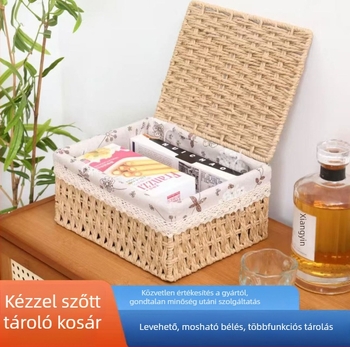 Papírzsinóros tároló doboz fedéllel, 18 L, festett vas keret, csíkos minta, modern minimális stílus
