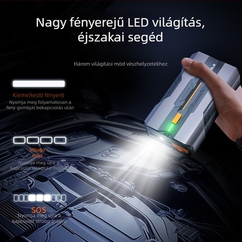 Hordozható autóindító és sürgősségi áramforrás, 12V, 180W, újratölthető, háttérvilágításos kijelző, USB töltés