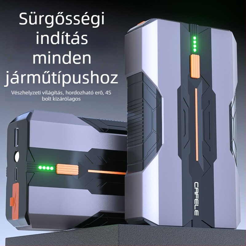Hordozható autóindító és sürgősségi áramforrás, 12V, 180W, újratölthető, háttérvilágításos kijelző, USB töltés