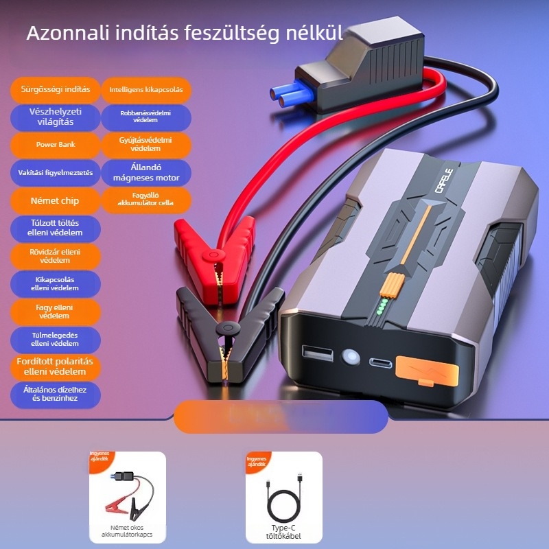 Hordozható autóindító és sürgősségi áramforrás, 12V, 180W, újratölthető, háttérvilágításos kijelző, USB töltés