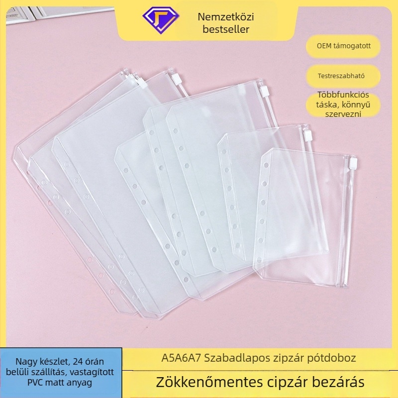 Matt PVC cipzáras dokumentumtáska utazó noteszhez, 6 lyuk, loose-leaf lapok számára, A5/A6/A7
