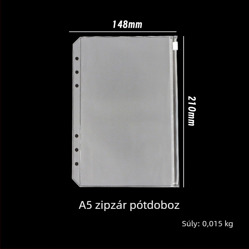 Matt PVC cipzáras dokumentumtáska utazó noteszhez, 6 lyuk, loose-leaf lapok számára, A5/A6/A7