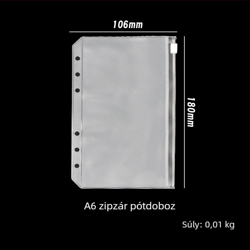 Matt PVC cipzáras dokumentumtáska utazó noteszhez, 6 lyuk, loose-leaf lapok számára, A5/A6/A7