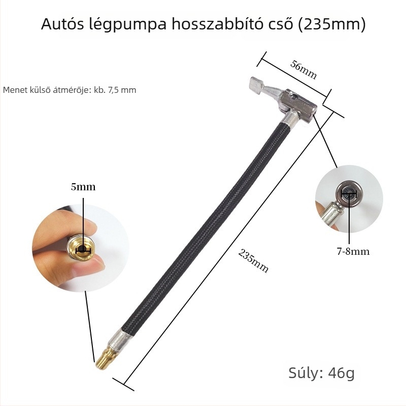Elektromos autóinflátor pumpa levegőcsatlakozó adapterrel és nyújtható csővel, modell 45212, hossz 235, légnyomás 220