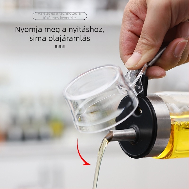 Üvegből készült olajtartó palack nyomófedéllel, modern minimalista dizájn, alapfunkció