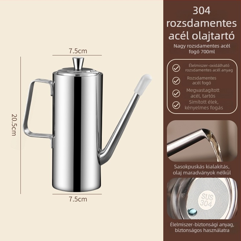 New Xianda 304 rozsdamentes acél olajtartó üveg szűrővel és beépített kefével – konyhai olajtartó kanna szűrővel és logóval