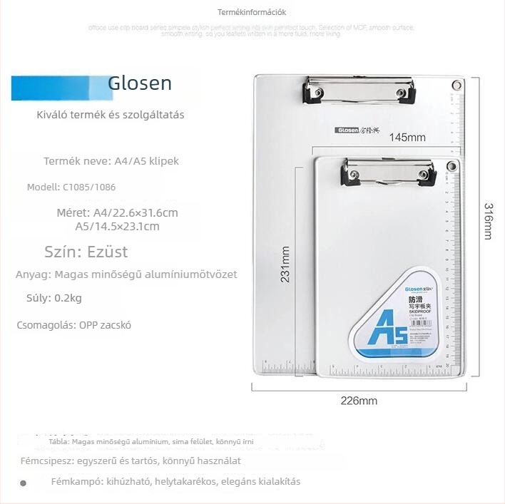 Glosen alumíniumötvözet lemezcsipesz MDF lemezzel, csúszásmentes, A4/A5 méretekhez, rögzítő méretek 316×226 mm és 231×145 mm