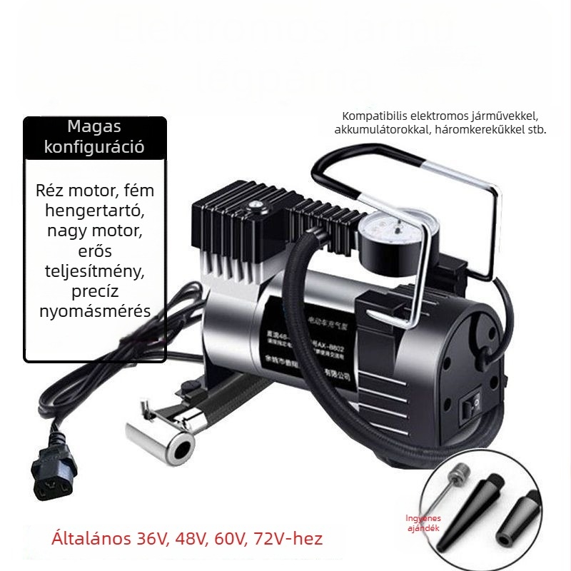Elektromos jármű légpumpa többhengeres kialakítással, 150W, 2,5–3,0 m hosszú kábel, digitális kijelző, figyelmeztető fény