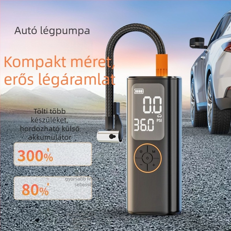 Vezeték nélküli, magasnyomású elektromos autópumpa digitális kijelzővel, 7.4V, USB töltés, ≤80W, lítium akkumulátor, 5–20 perc működési idő