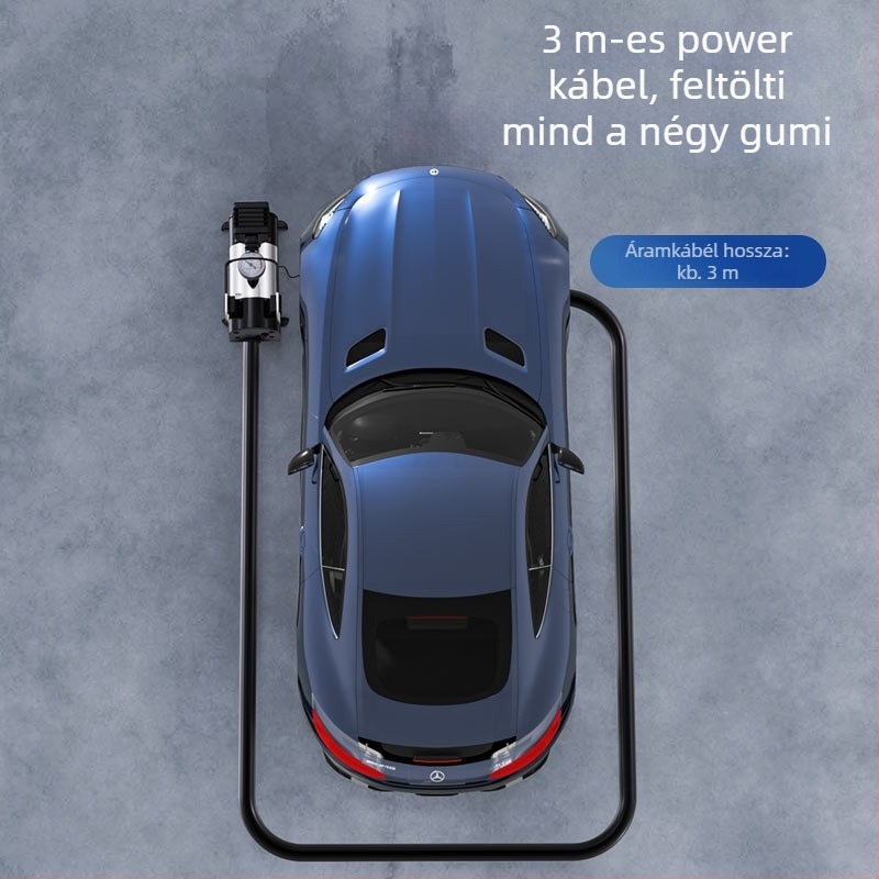 Autó gumiabroncs pumpa, 12V hordozható elektromos inflátor nyomásmérővel, 35 L/min, 120W, 3 m kábel