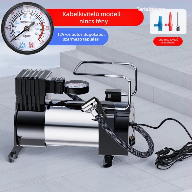 Autó gumiabroncs pumpa, 12V hordozható elektromos inflátor nyomásmérővel, 35 L/min, 120W, 3 m kábel