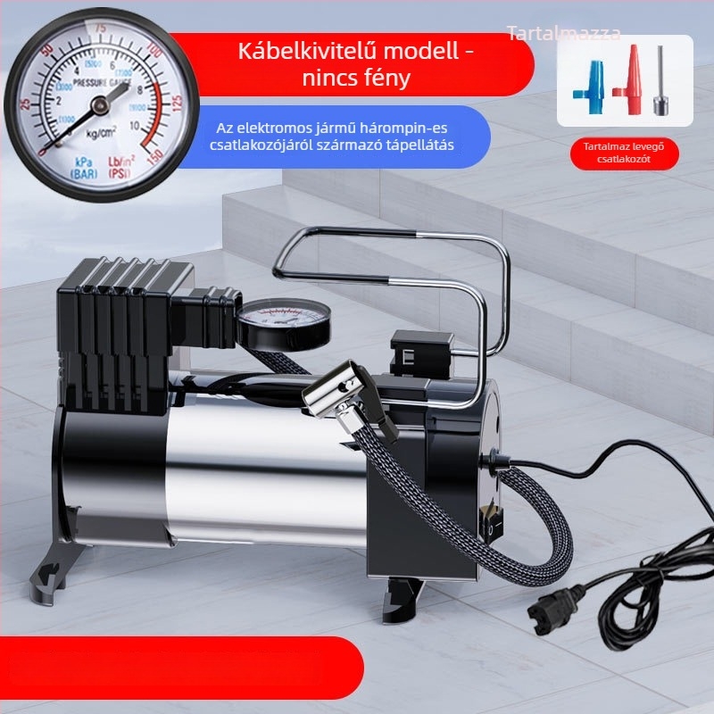 Autó gumiabroncs pumpa, 12V hordozható elektromos inflátor nyomásmérővel, 35 L/min, 120W, 3 m kábel