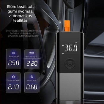 Hordozható autó légpumpa, mini kézi felfújó, 12V, 80W, 25 L/min, digitális kijelző